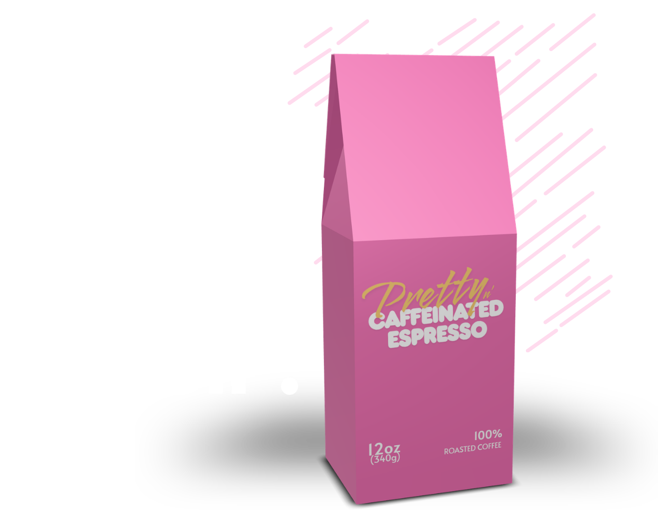 Pink coffee bag labeled 'Pretty Caffeinated Espresso' on a white background